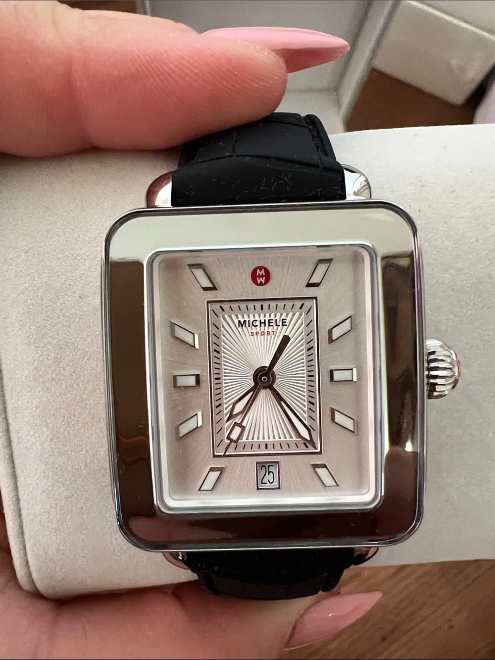Michele Silver Square Case Watch with Black Strap